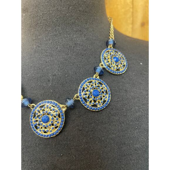 Women's Necklace Earring Set Gold Blue Stone Statement Beautiful - Picture 4 of 8